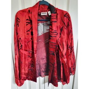 Chico's Design 2 Oriental Print Silk Blend Open Front Light Jacket Blk/Red Large